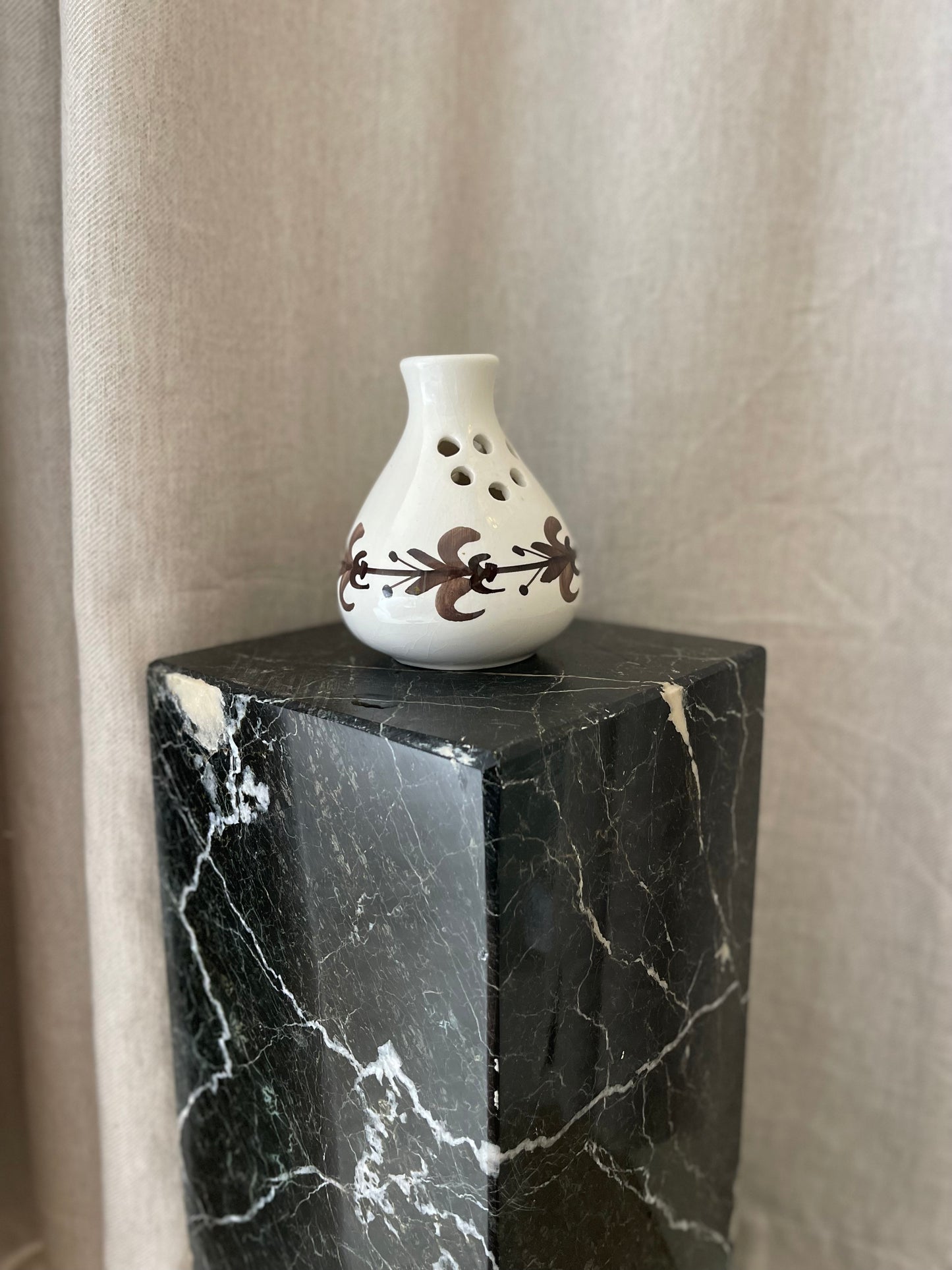 White ceramic ikenbana style vase with brown hand painted detailing