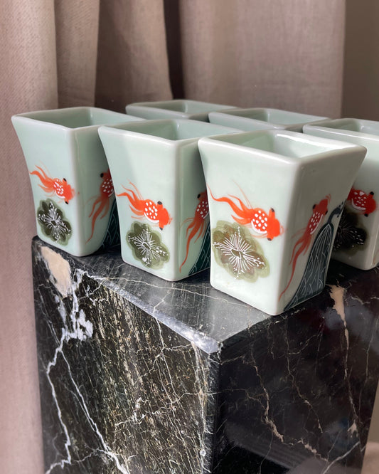 Goldfish design Vietnamese square espresso cups