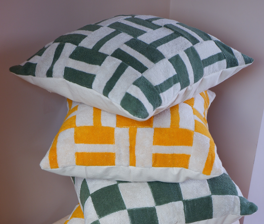Geometric green towelling cushion