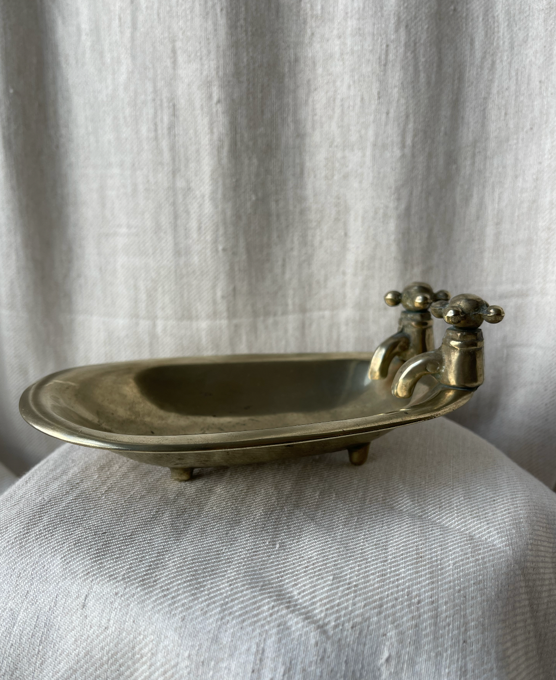 Vintage brass soap dish with taps