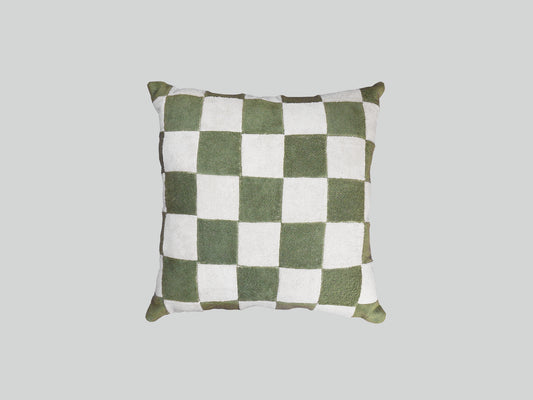 Green chequered towelling cushion