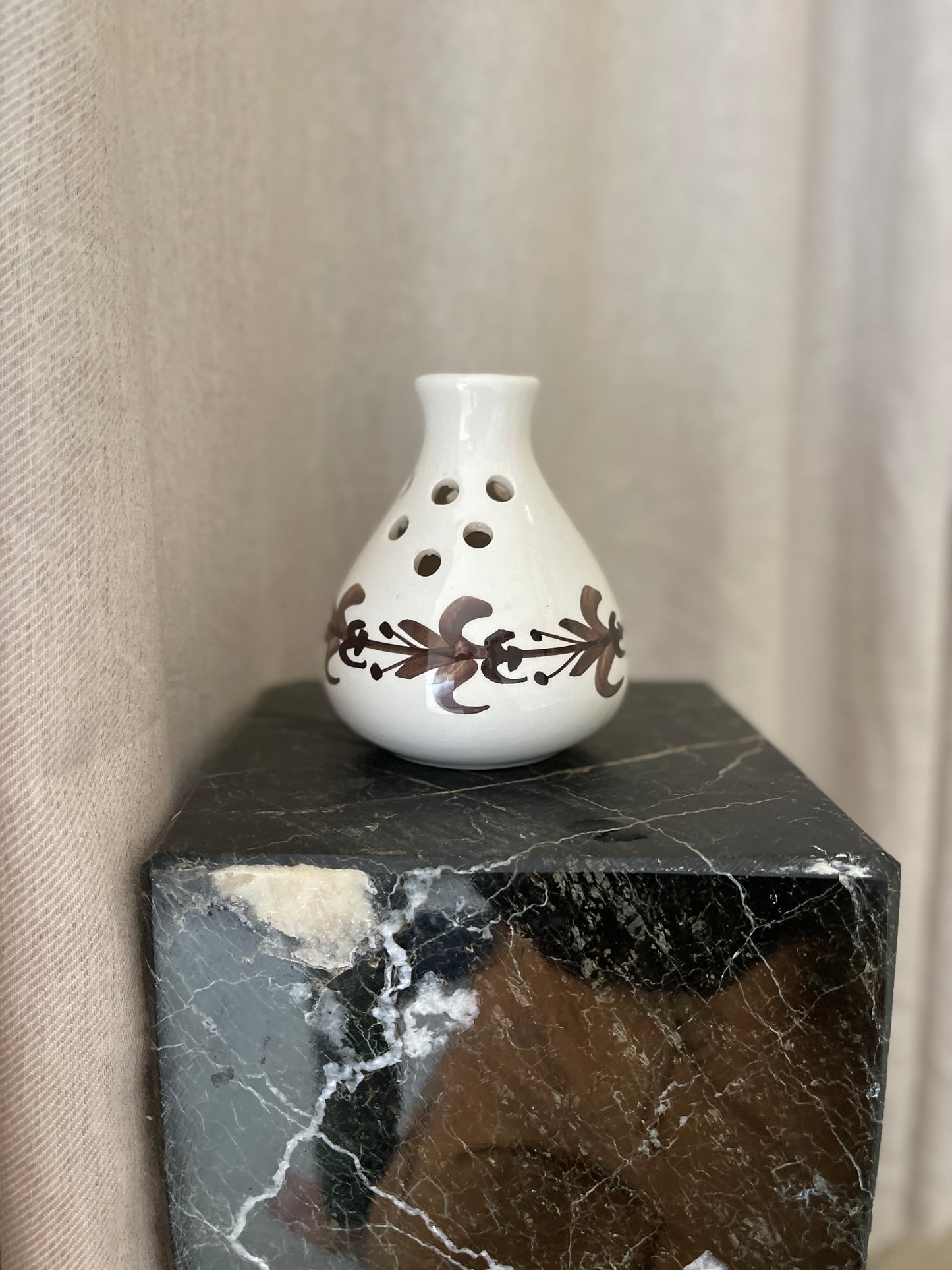 White ceramic ikenbana style vase with brown hand painted detailing