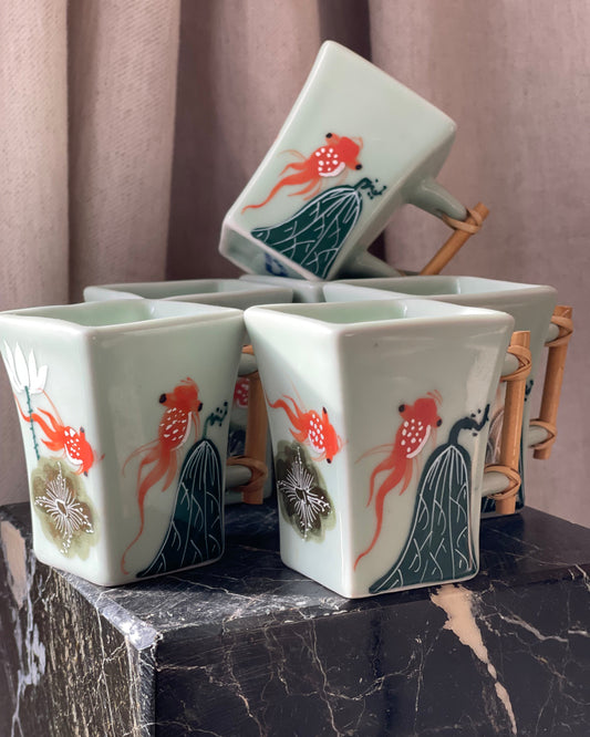 Goldfish design Vietnamese square espresso cups
