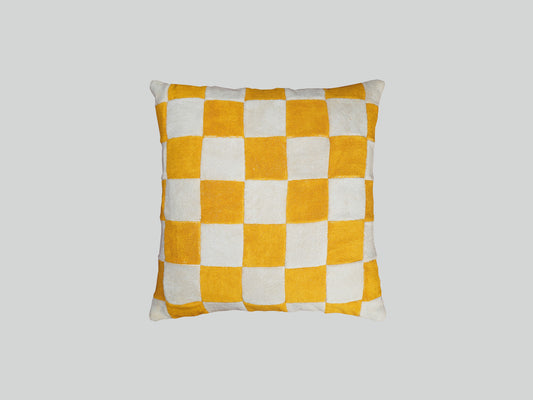 Yellow chequered towelling cushion